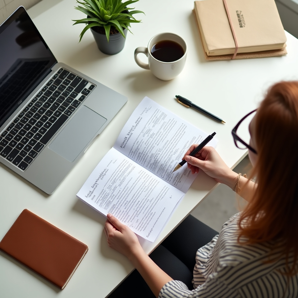 Professional reviewing a structured offer document on a laptop at a clean desk with natural light