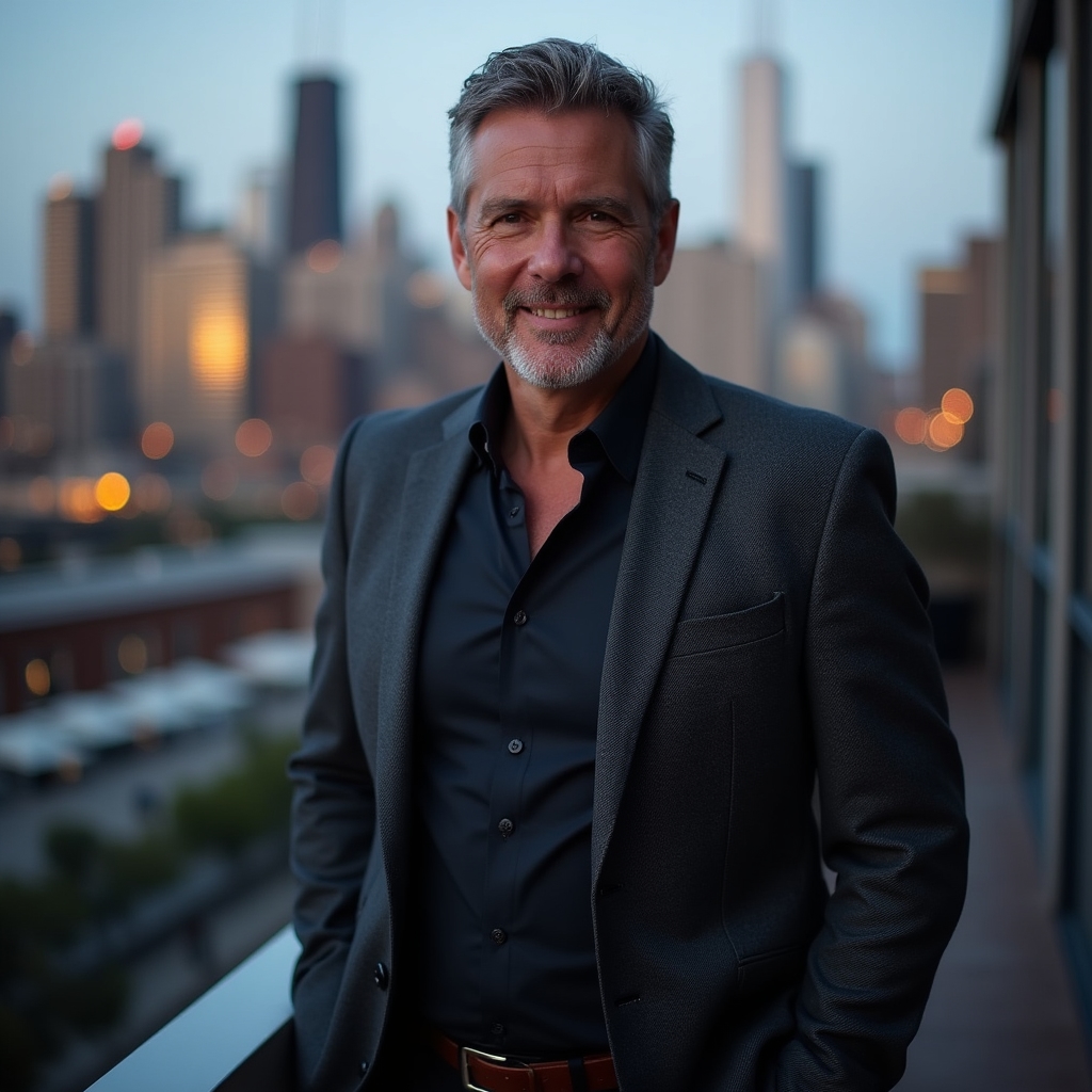 Confident mid-career professional standing on an urban rooftop terrace with a relaxed authoritative posture