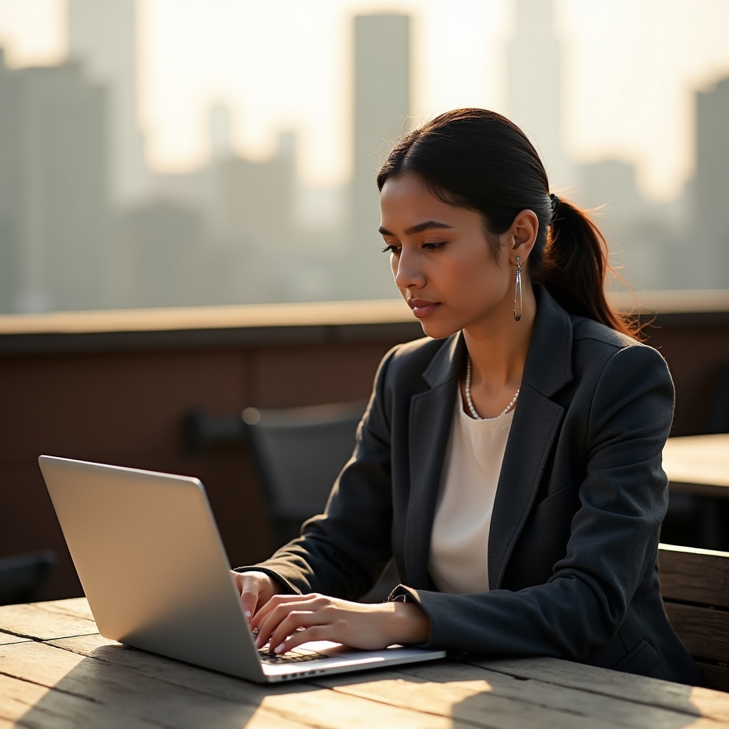 Professional working on laptop at outdoor rooftop workspace with urban backdrop