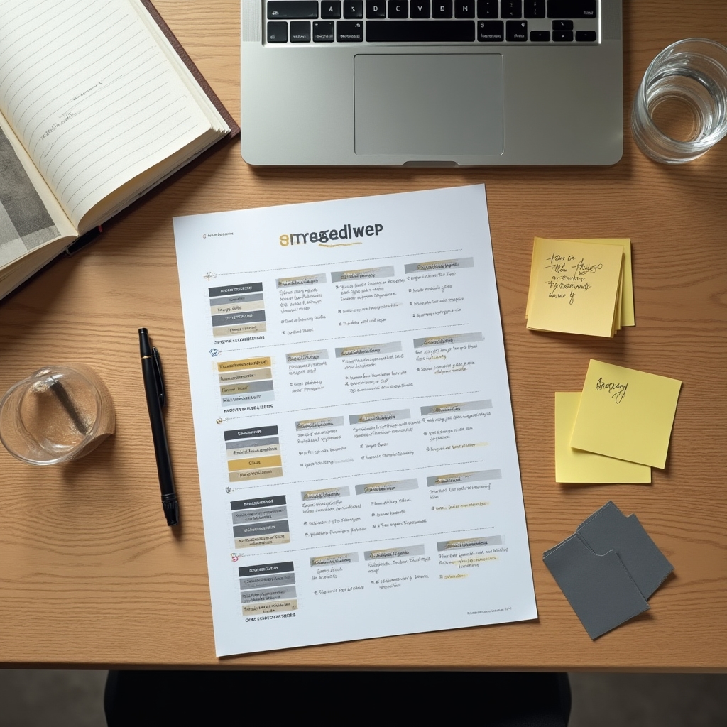 Bird's eye view of a professional workspace with structured program materials, a notebook, and a laptop organized on a clean desk