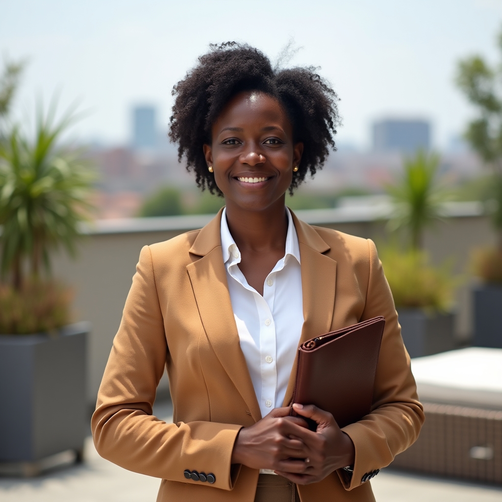 Program facilitator in professional attire standing on an outdoor terrace with a calm, authoritative presence and a natural urban backdrop