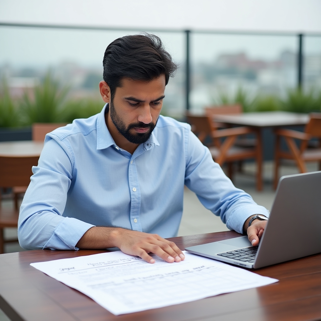Professional at a rooftop workspace reviewing a structured planning document with organized notes and a clean layout under soft daylight