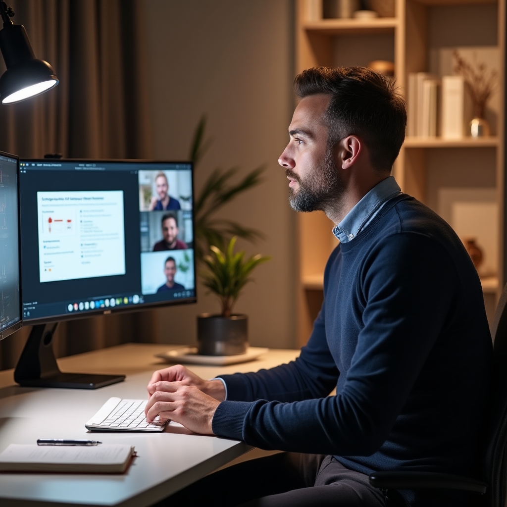 Professional presenting to a remote audience via a clean, well-lit home office setup with a second monitor and organized desk